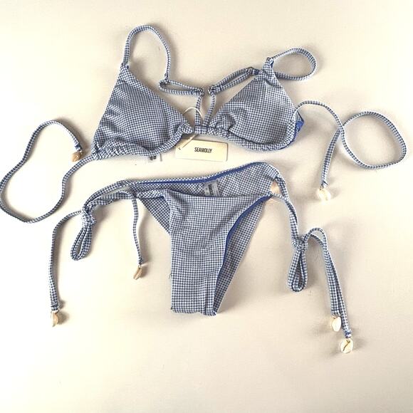 Seamolly Blue White Gingham Check Seashell Tie Sides Bikini Swimsuit XS NWT - Picture 1 of 12